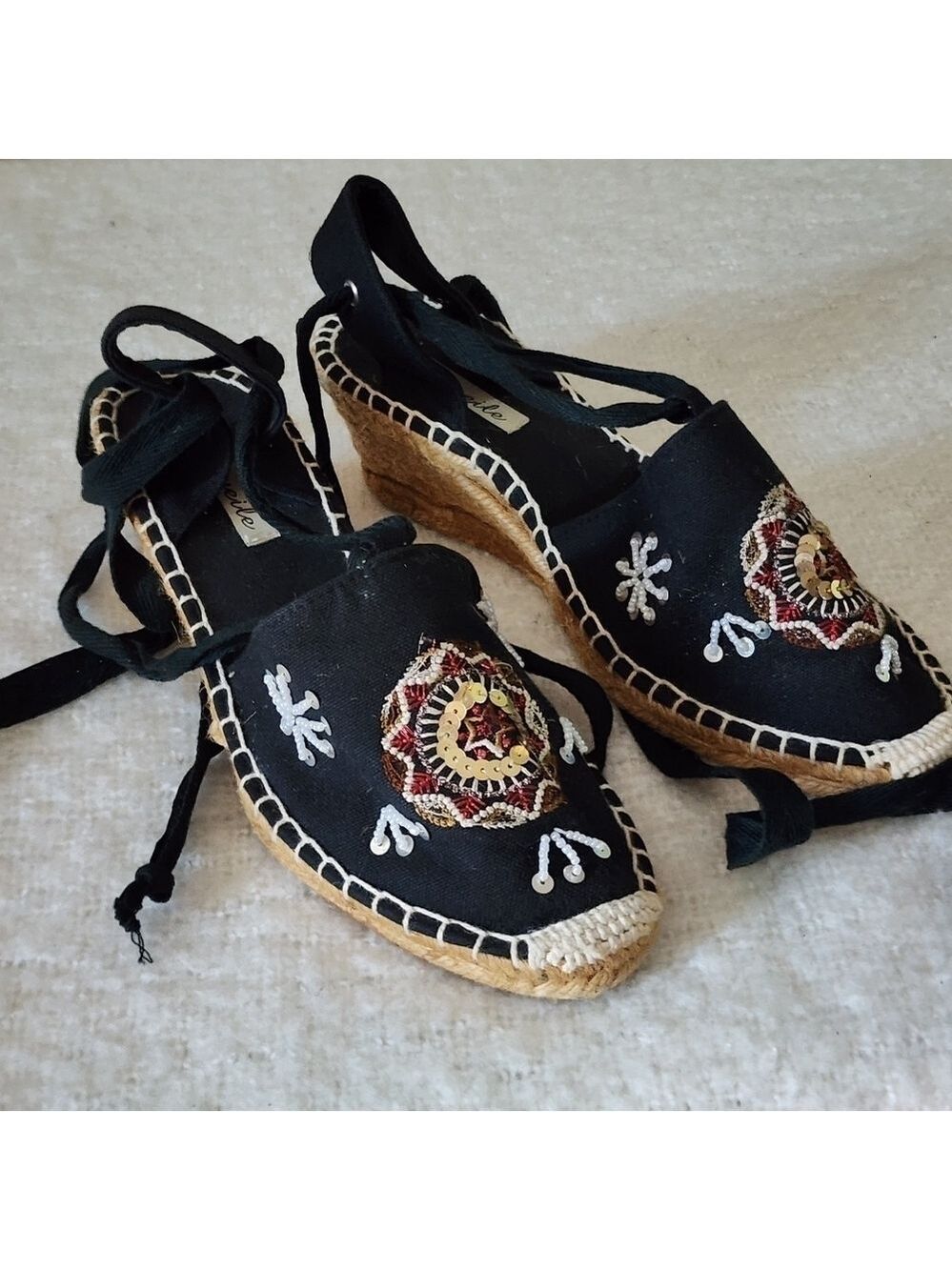 Niweile wedge espadrile sandal color black with floral embroidered size 38 - Picture 3 of 7